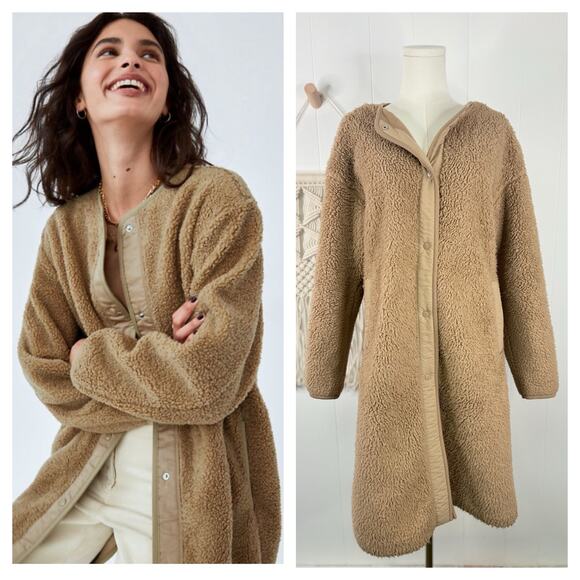 Uniqlo Tan Teddy Coat Womens Small Longline Fleece Sherpa Jacket No Collar - Picture 1 of 13